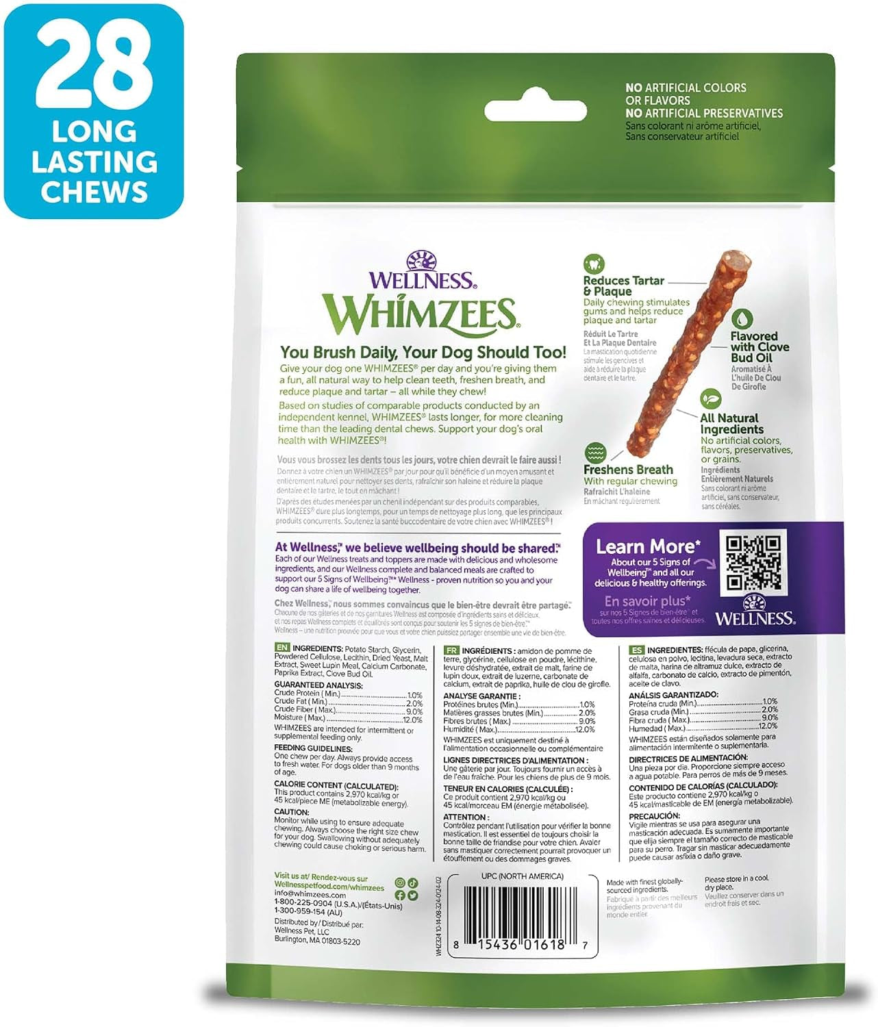 Wellness Veggie Sausage Natural Dog Dental Treat, Chews, Freshens Breath, Small Size, 14.81 Oz Bag, 28 Count