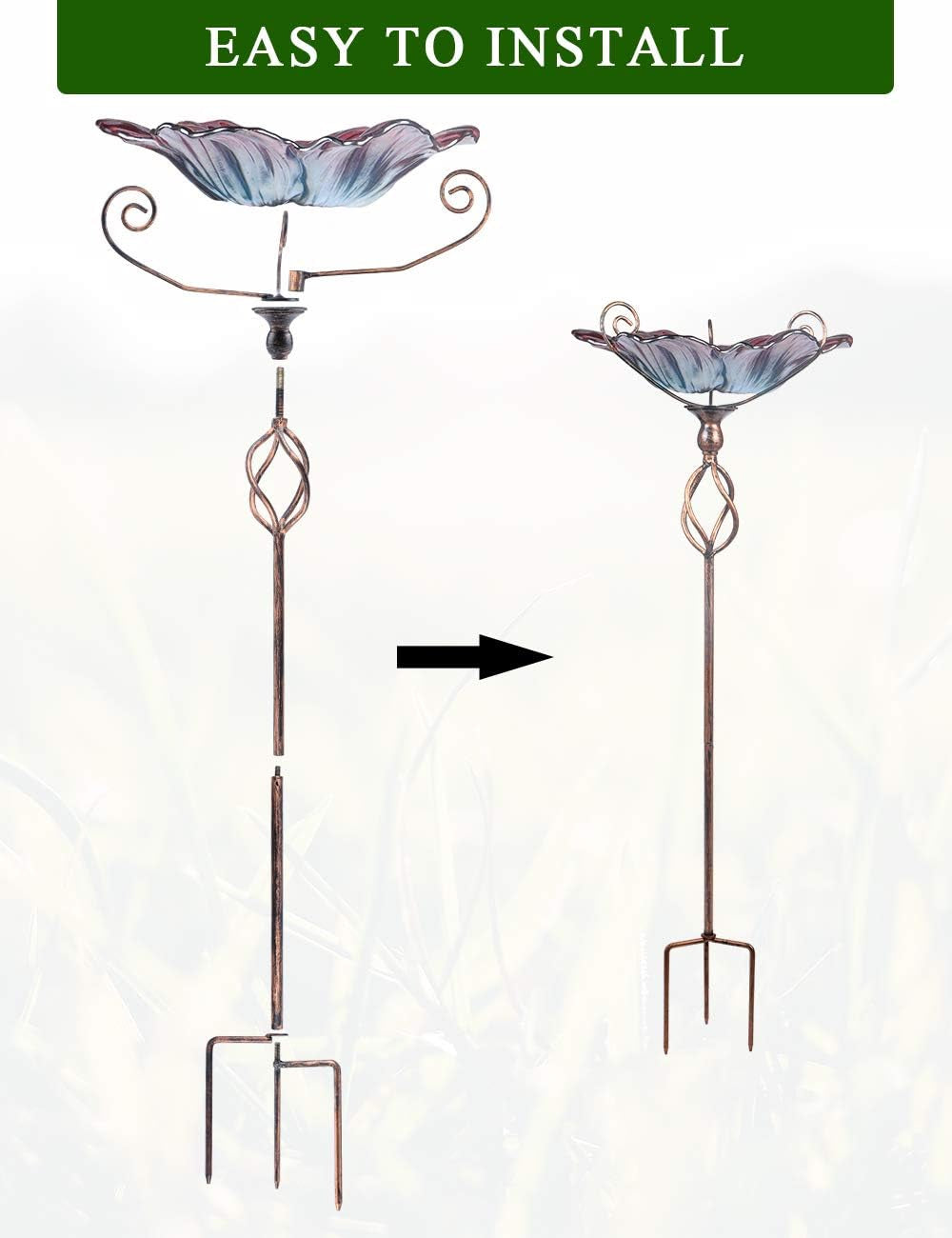 Glass Birdbath Birdfeeder with Metal Stake Garden Yard Outdoor
