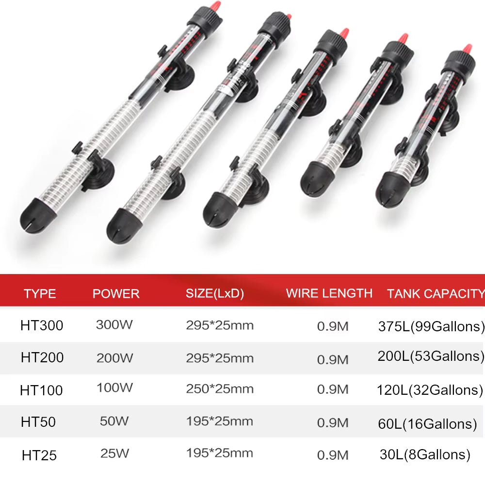 110V-220V Adjustable Temperature Thermostat Heater Rod 25W/ 50W/ 100W/ 200W/ 300W Submersible Aquarium Fish Tank Water Heat