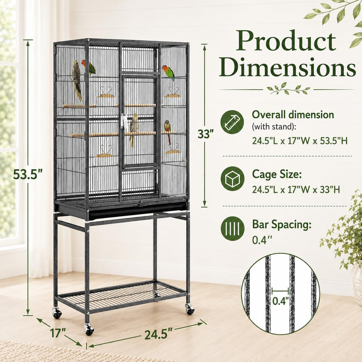 54-Inch Wrought Iron Standing Large Parrot Parakeet Flight Bird Cage for Small Parrot Sun Parakeet Green Cheek Conure Lovebird Budgie Finch Canary Bird Cage with Stand