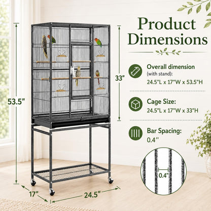 54-Inch Wrought Iron Standing Large Parrot Parakeet Flight Bird Cage for Small Parrot Sun Parakeet Green Cheek Conure Lovebird Budgie Finch Canary Bird Cage with Stand