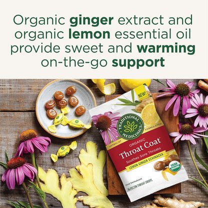 Organic, Throat Coat Lozenges, Lemon Ginger Echinacea - Herbal Cough Drops, Helps Soothe Sore Throat - Non-Gmo, Stimulant-Free - 16 Count