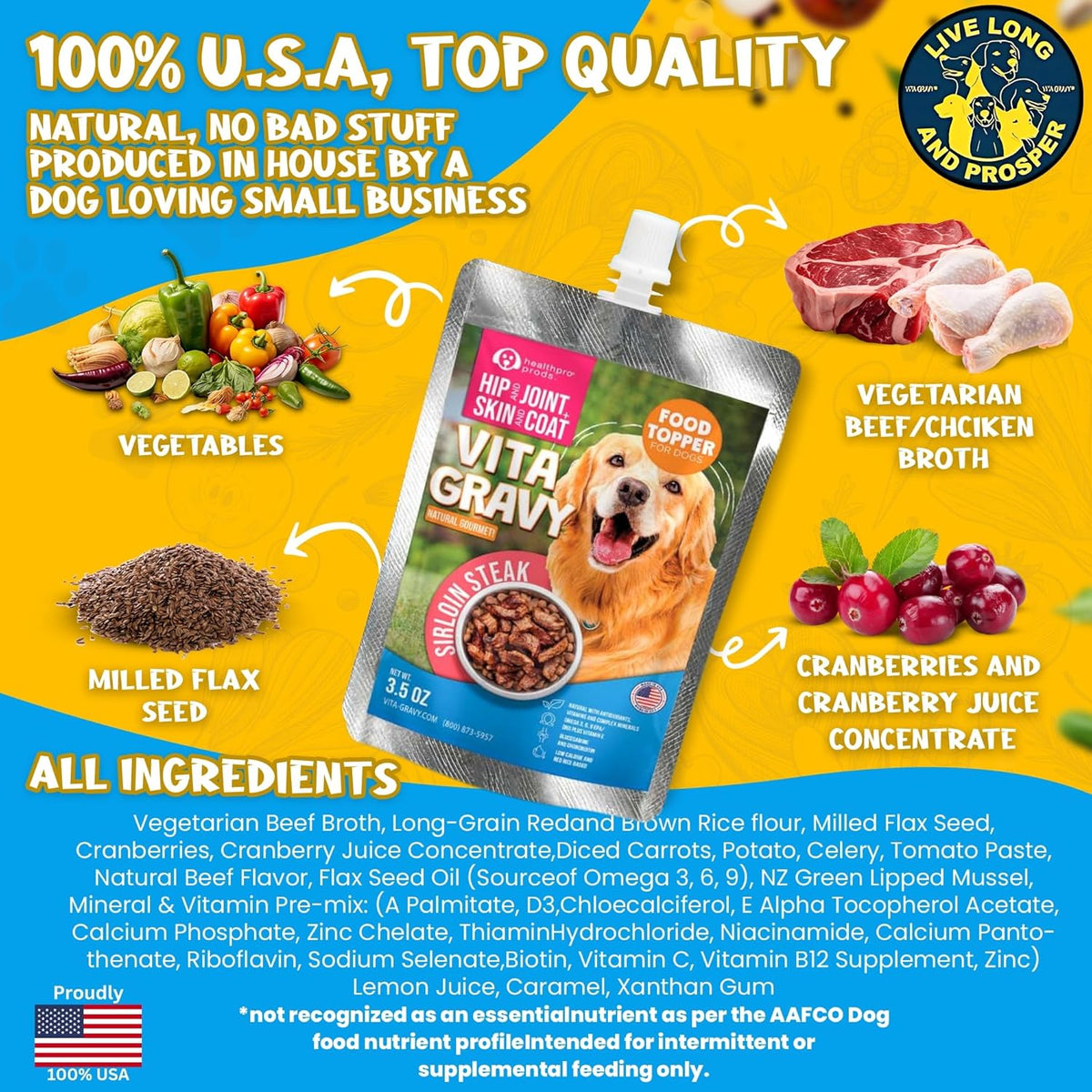 Vitagravy Dog Food Topper for Dry Dog Food Wet Dog Food in Real Sirloin Steak Delicious Flavour. Dogs Love Rich Gravy Texture than Bone Broth for Dogs. Farmers Dog Food Toppers, Pet Food, 3.5Oz, 3Pk