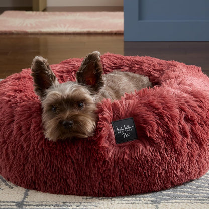 PET Ellie Fuzzy Solid Donut Pet Bed, Plush, Cozy & Calming, Non-Slip Bottom, 100% Machine Washable, Burgundy Rose, X-Small 19"X19"X7" Round