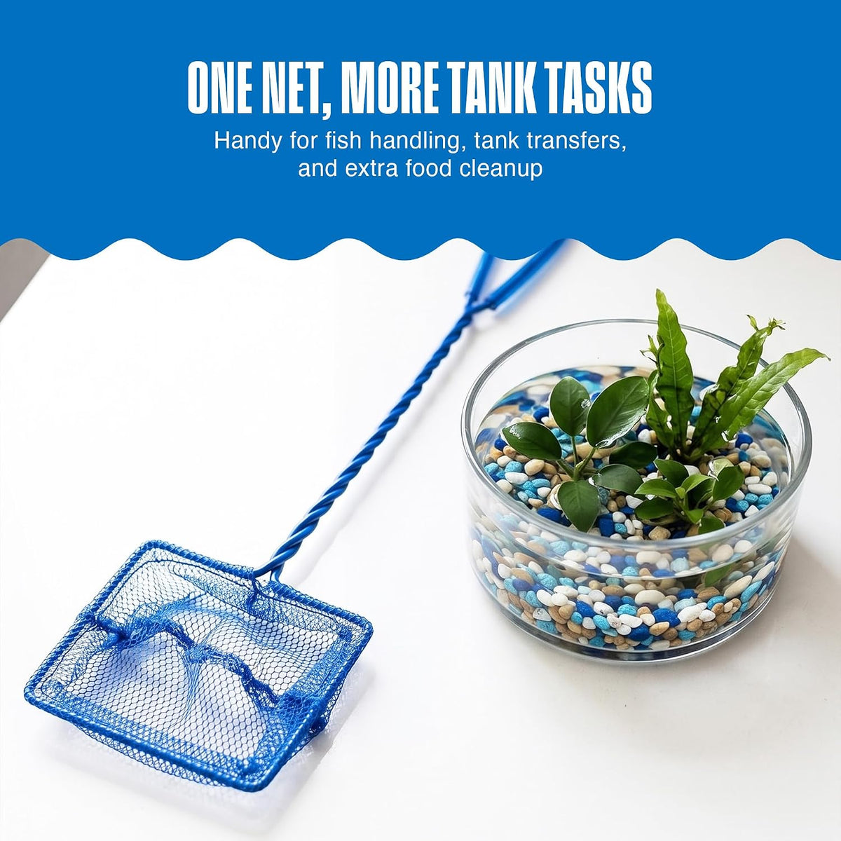 Quick-Net Aquarium Fish Net - 3 X 2.25 in Fine Mesh, 10 in Vinyl-Covered Braided Handle - Small Aquarium Cleaning Tool for Gentle Fish Handling - Use in Freshwater & Saltwater Tanks - Blue