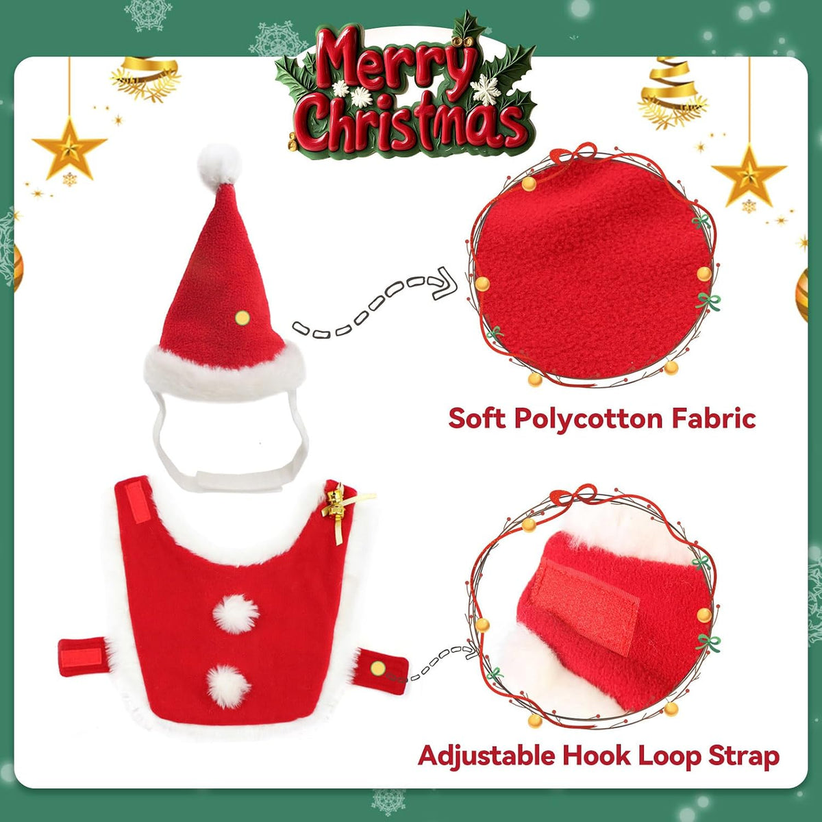 Cat Christmas Costume, Pet Santa Hat with Xmas Clothes for Cats Small Dogs Rabbits, Cat Santa Hat and Red Warm Cloak Coat, New Year Puppy Red Clothes Outfit, Adjustable