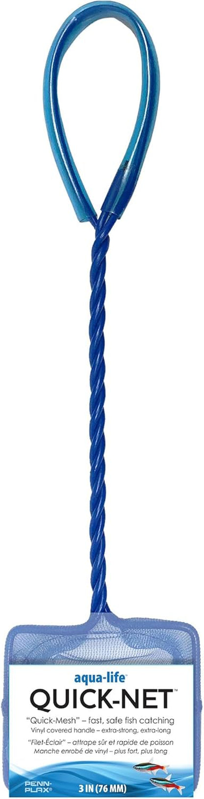Quick-Net Aquarium Fish Net - 3 X 2.25 in Fine Mesh, 10 in Vinyl-Covered Braided Handle - Small Aquarium Cleaning Tool for Gentle Fish Handling - Use in Freshwater & Saltwater Tanks - Blue
