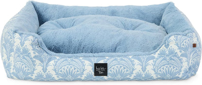 PET Mod Damask Plushy Bolster Pet Bed, Cozy & Calming, Non-Slip Bottom, Machine Washable Cover, Blue, Large 35"X28"X8"