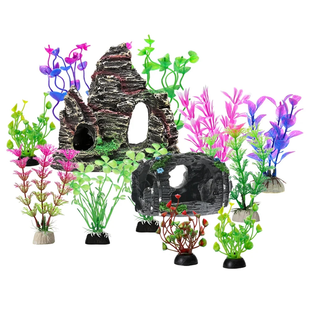 Fish Tank Accessories Aquarium Decorations - 13 Packs Plastic Plants Material Hideout Ornaments Small Size