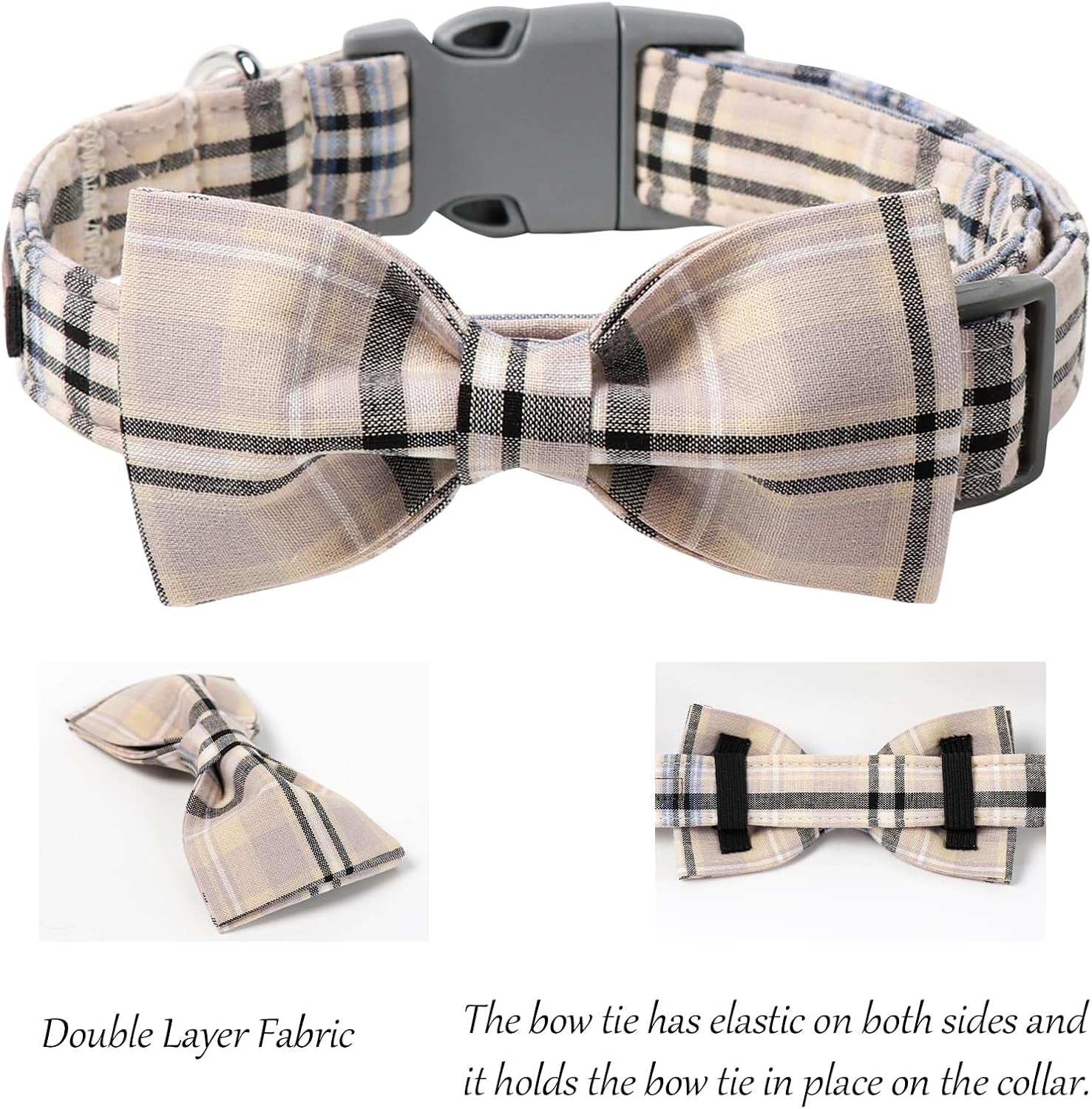 Dog and Cat Collar with Bowtie Grid Collar Plastic Buckle Light Adjustable Collars for Small Medium Large Dogs