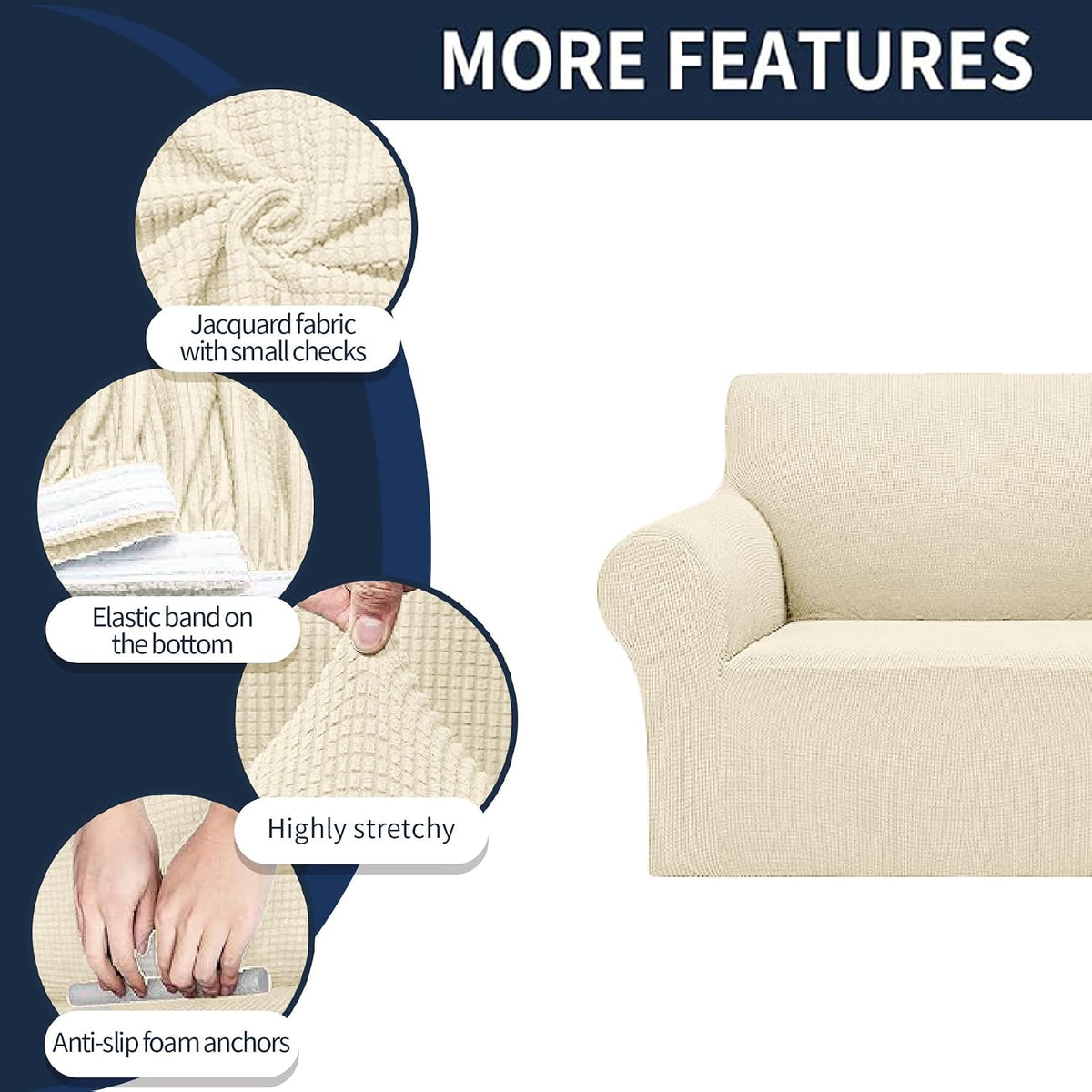 2026 New Stretch Chair Sofa Slipcovers Couch Cover for 1 Seater Furniture Protector Sofa Covers with Elastic Bottom Jacquard Fabric Small Checks for Pets, Kids - Beige