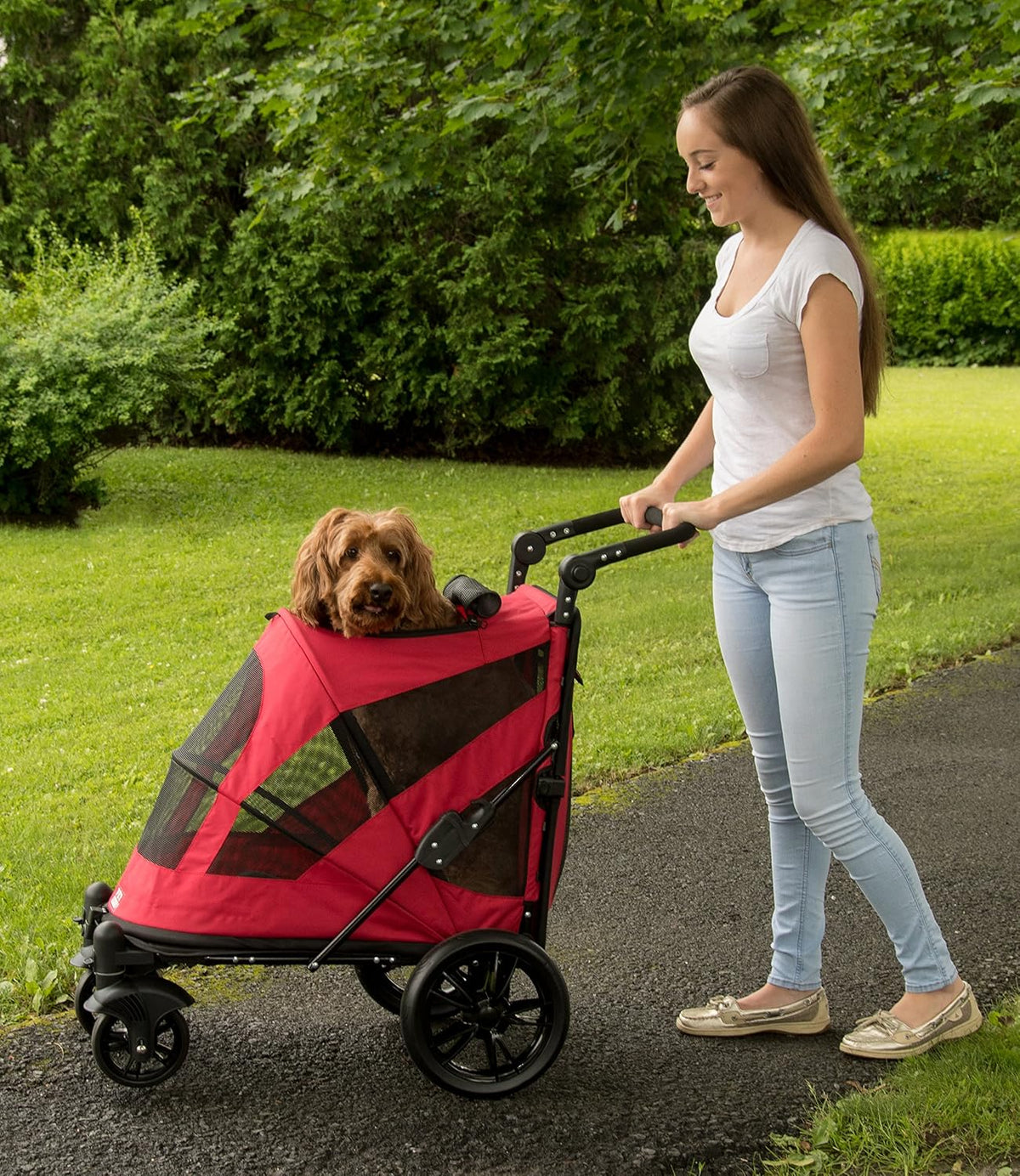 No-Zip Pet Stroller with Dual Entry, Push Button Zipperless Entry for Single or Multiple Dogs/Cats, Pet Can Easily Walk In/Out, No Need to Lift Pet, Gel-Filled Tires