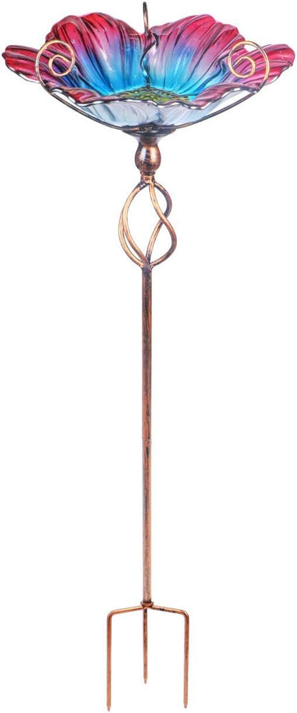 Glass Birdbath Birdfeeder with Metal Stake Garden Yard Outdoor
