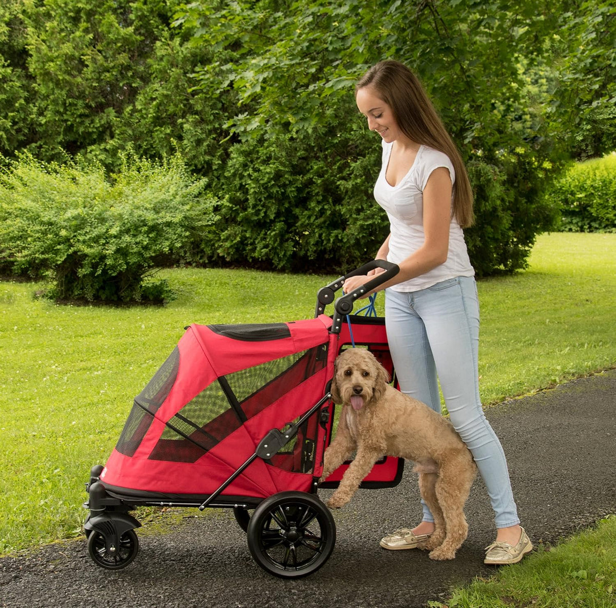 No-Zip Pet Stroller with Dual Entry, Push Button Zipperless Entry for Single or Multiple Dogs/Cats, Pet Can Easily Walk In/Out, No Need to Lift Pet, Gel-Filled Tires