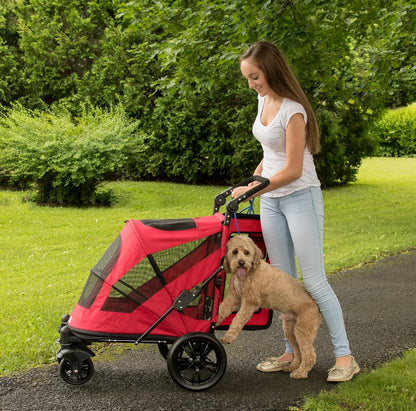 No-Zip Pet Stroller with Dual Entry, Push Button Zipperless Entry for Single or Multiple Dogs/Cats, Pet Can Easily Walk In/Out, No Need to Lift Pet, Gel-Filled Tires
