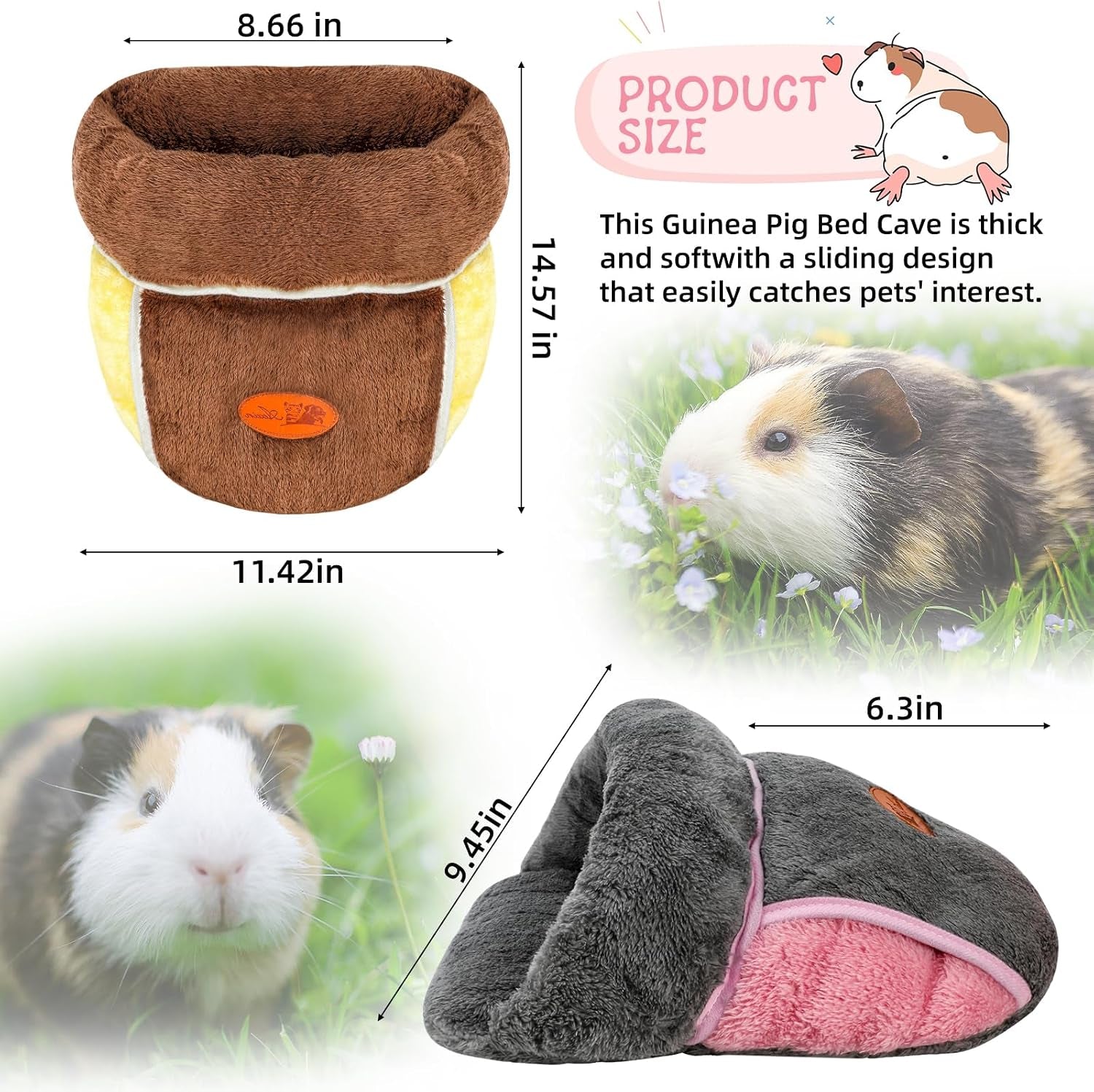 2 Pack Guinea Pig Bed, Slipper Cuddle Sack, Grey & Brown