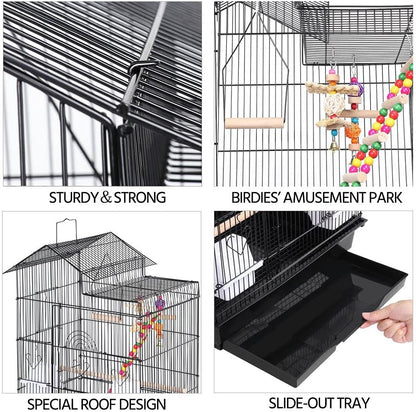 39" Roof Top Flight Cage with Toys, Wrought Iron Bird Cage for Cockatiels, Conures, Lovebirds, Budgies & Small Birds
