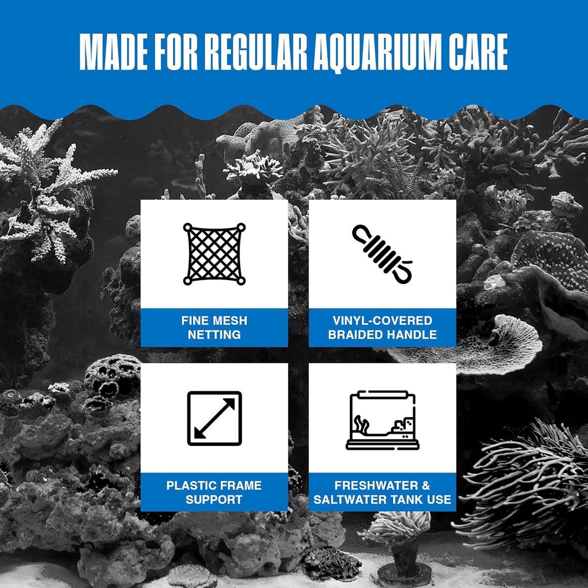 Quick-Net Aquarium Fish Net - 3 X 2.25 in Fine Mesh, 10 in Vinyl-Covered Braided Handle - Small Aquarium Cleaning Tool for Gentle Fish Handling - Use in Freshwater & Saltwater Tanks - Blue