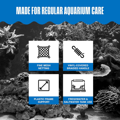 Quick-Net Aquarium Fish Net - 3 X 2.25 in Fine Mesh, 10 in Vinyl-Covered Braided Handle - Small Aquarium Cleaning Tool for Gentle Fish Handling - Use in Freshwater & Saltwater Tanks - Blue