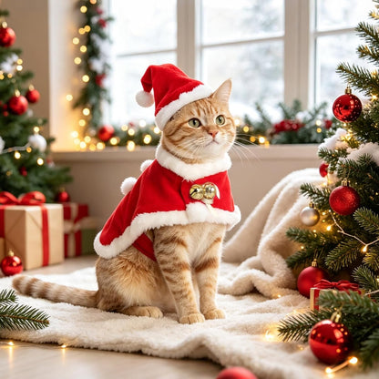 Cat Christmas Costume, Pet Santa Hat with Xmas Clothes for Cats Small Dogs Rabbits, Cat Santa Hat and Red Warm Cloak Coat, New Year Puppy Red Clothes Outfit, Adjustable