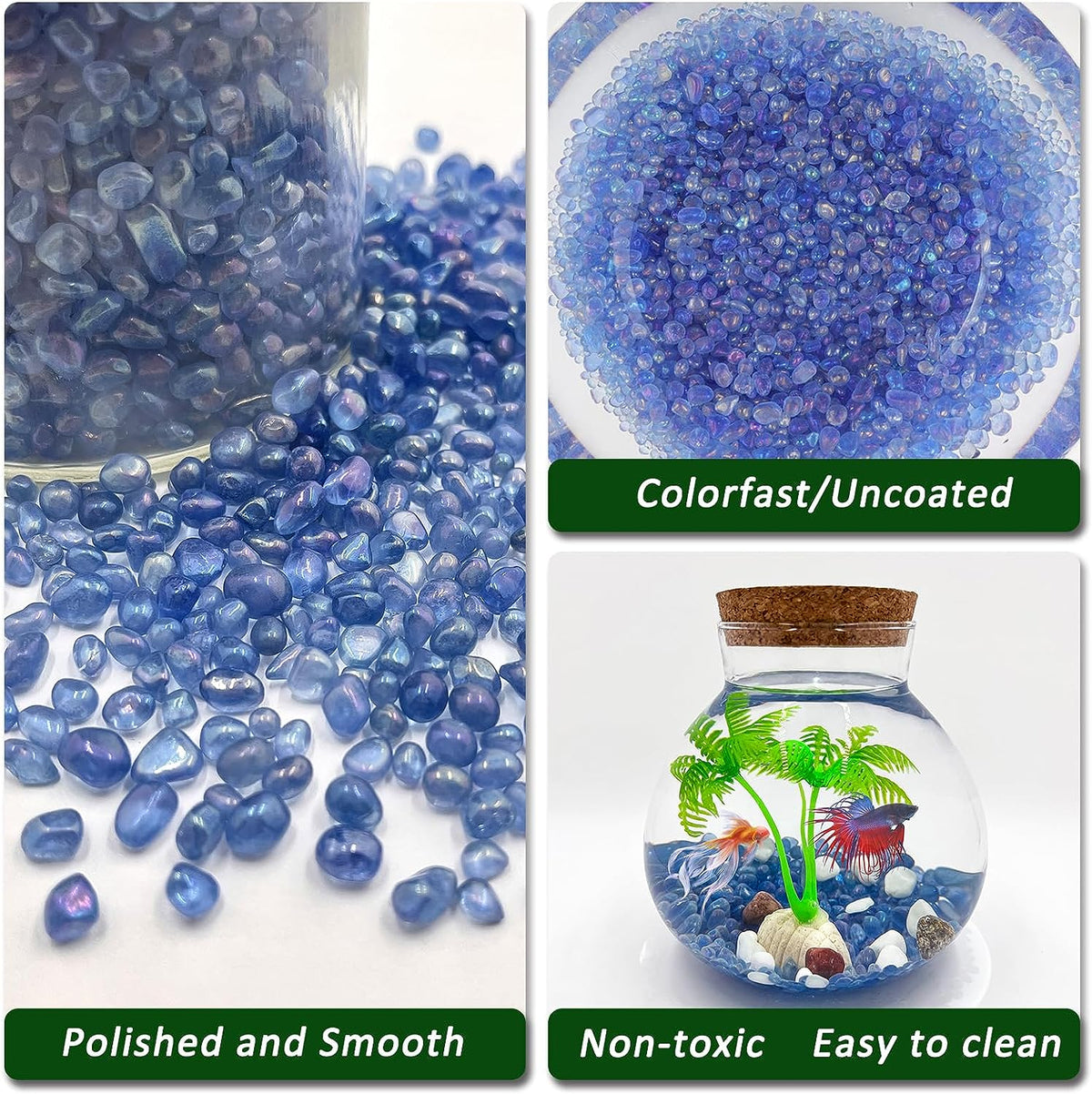 2.2 Lbs Small Aquarium Substrate Gravel Sand, Polished Smooth Fish Tank Gravel, Colorfast Uncoated Vibrant Blue Sea Glass, Decorative Stones for Vase Fillers, Fairy Garden, Potted Plants