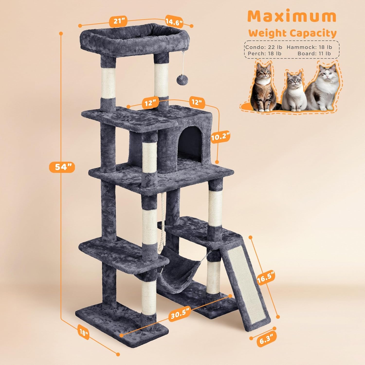 54In Cat Tree Tower for Large Cats, Multi-Level Condo & Hammock