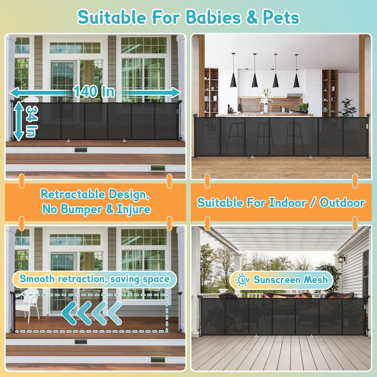 140'' Retractable Baby Gates Extra Wide,34" Tall Retractable Dog Gate for Doorways, Security Upgrade Reinforcement Rods Extra Long Retractable Baby Gate for Stairs, Indoor/Outdoor Retractable Gate