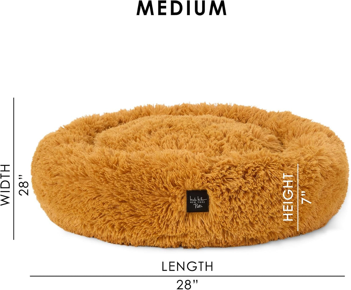PET Ellie Fuzzy Solid Donut Pet Bed, Plush, Cozy & Calming, Non-Slip Bottom, 100% Machine Washable, Gold, Medium 28"X28"X7" Round