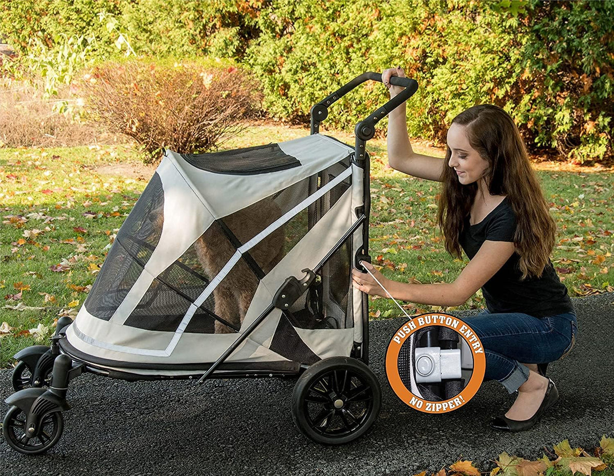 No-Zip Pet Stroller with Dual Entry, Push Button Zipperless Entry for Single or Multiple Dogs/Cats, Pet Can Easily Walk In/Out, No Need to Lift Pet, Gel-Filled Tires, 1 Model, NEW Fog
