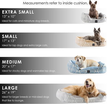 PET Mod Damask Plushy Bolster Pet Bed, Cozy & Calming, Non-Slip Bottom, Machine Washable Cover, Blue, Large 35"X28"X8"