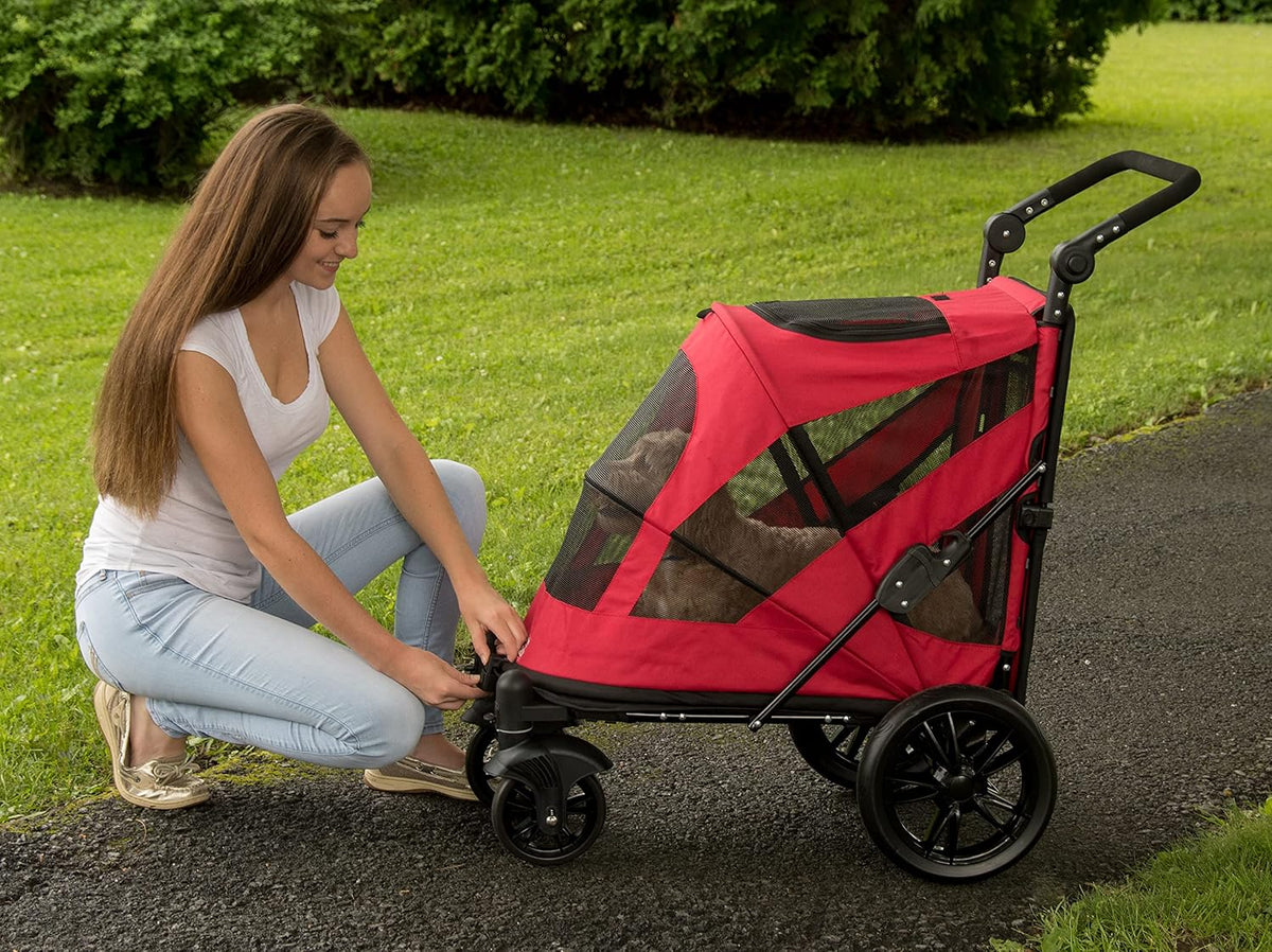 No-Zip Pet Stroller with Dual Entry, Push Button Zipperless Entry for Single or Multiple Dogs/Cats, Pet Can Easily Walk In/Out, No Need to Lift Pet, Gel-Filled Tires
