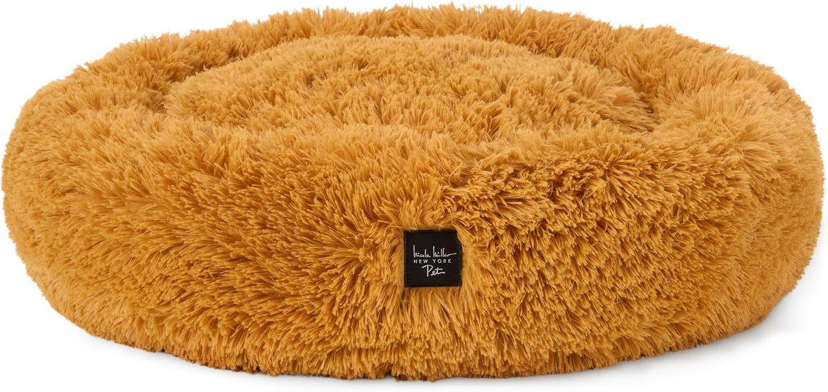 PET Ellie Fuzzy Solid Donut Pet Bed, Plush, Cozy & Calming, Non-Slip Bottom, 100% Machine Washable, Gold, Medium 28"X28"X7" Round