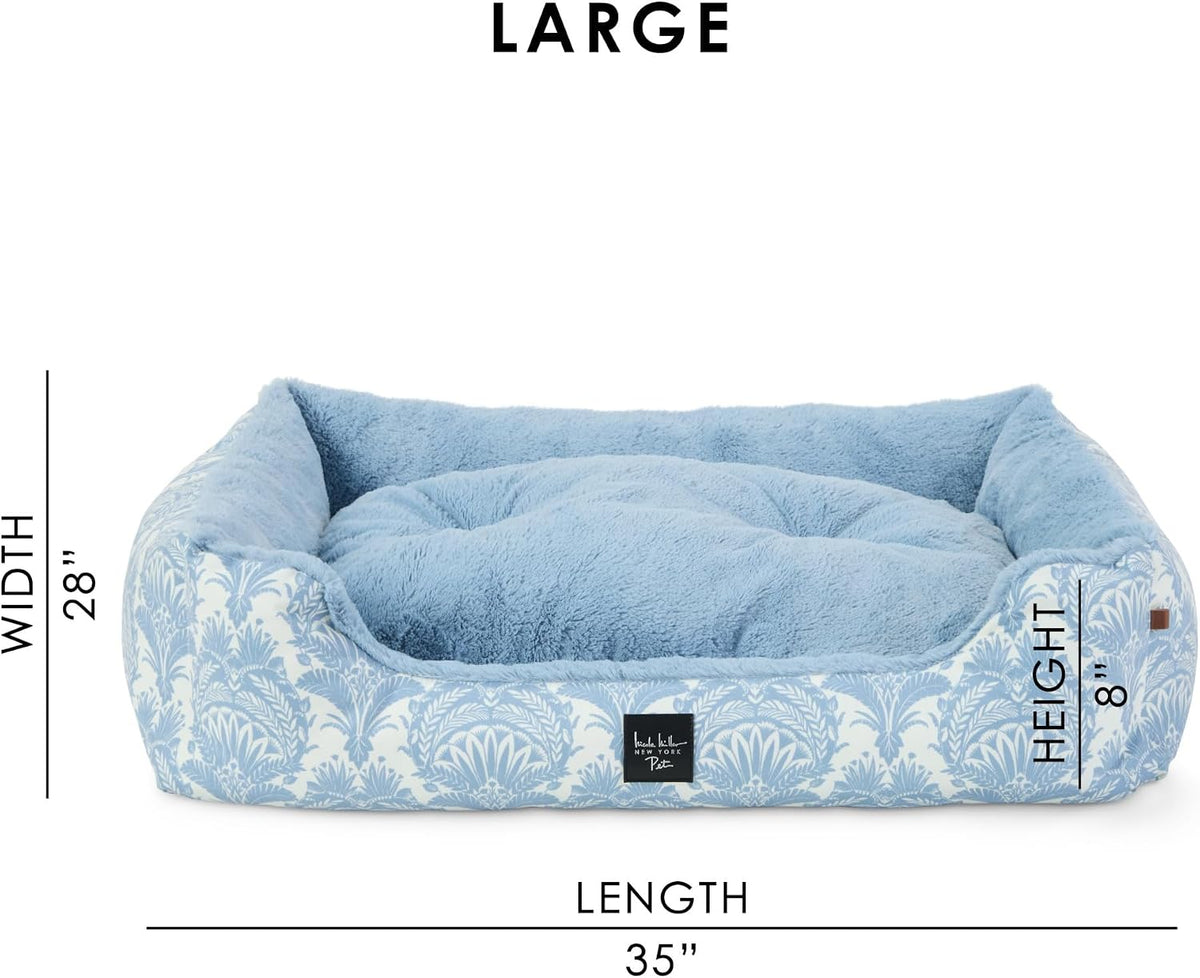PET Mod Damask Plushy Bolster Pet Bed, Cozy & Calming, Non-Slip Bottom, Machine Washable Cover, Blue, Large 35"X28"X8"