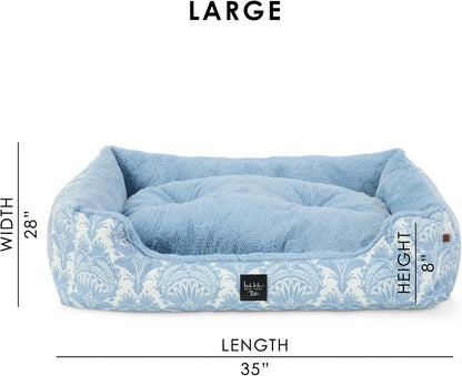 PET Mod Damask Plushy Bolster Pet Bed, Cozy & Calming, Non-Slip Bottom, Machine Washable Cover, Blue, Large 35"X28"X8"