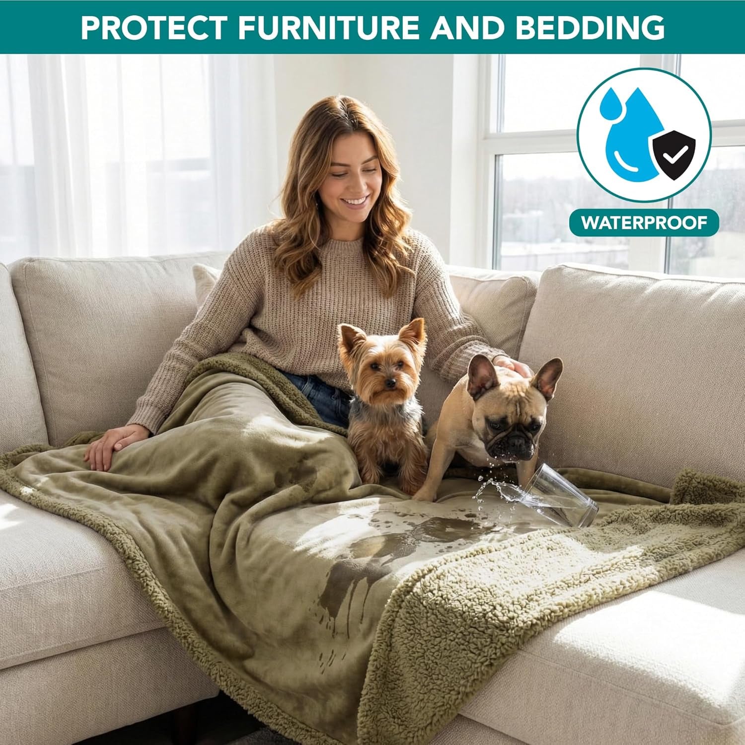 Waterproof Dog Blanket for Medium Large Dog Pet, 60X40, Taupe Sherpa