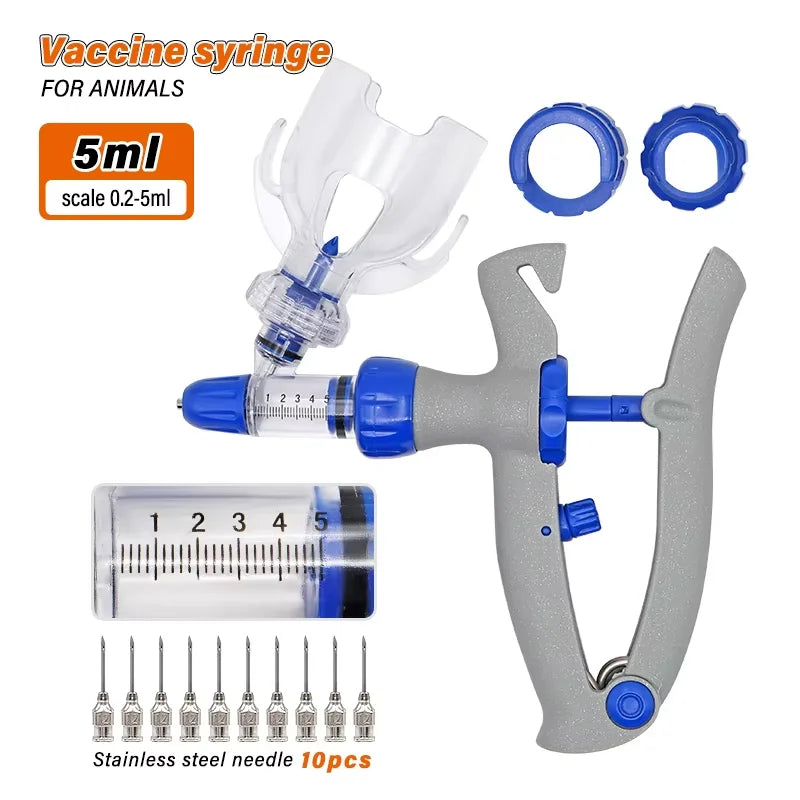 1/2/5Ml Automatic Continuous Syringe Animal Adjustable Injector Chicken Poultry Durable Vaccine Injector 10 Needles Veterinary