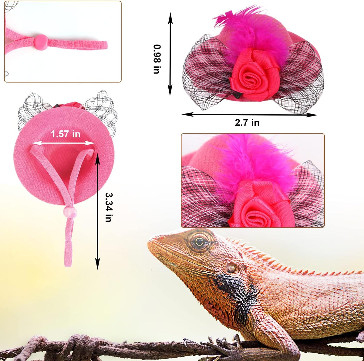 6 Pcs Chicken Hats for Hens Tiny Pets Animals Funny Chicken Accessories Mini Feather Top Hat with Adjustable Elastic Chin Strap and Rose for Hamster Parrot Bird Snake Animals Show Costum