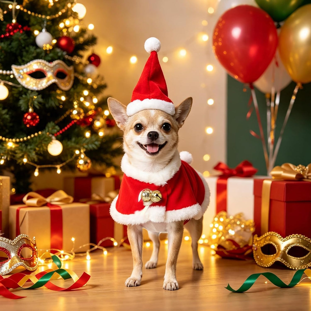 Cat Christmas Costume, Pet Santa Hat with Xmas Clothes for Cats Small Dogs Rabbits, Cat Santa Hat and Red Warm Cloak Coat, New Year Puppy Red Clothes Outfit, Adjustable