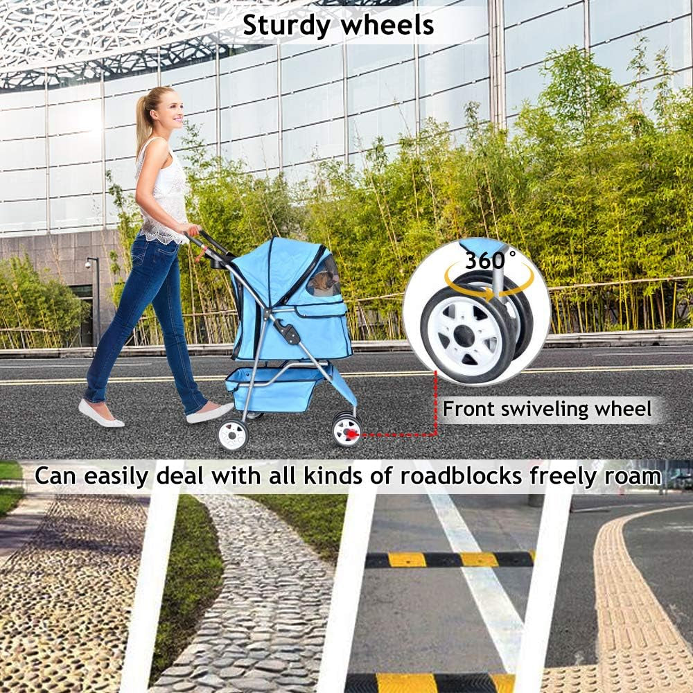 3-Wheel Pet Stroller, Lightweight Foldable Dog Stroller for Small Medium Dogs & Cats, Breathable Mesh & Weather Cover with Storage Basket, for Daily Walk Outdoor Travel (Blue)
