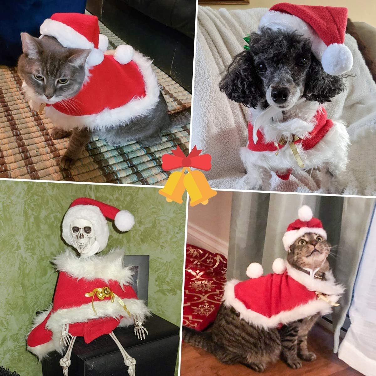 Cat Christmas Costume, Pet Santa Hat with Xmas Clothes for Cats Small Dogs Rabbits, Cat Santa Hat and Red Warm Cloak Coat, New Year Puppy Red Clothes Outfit, Adjustable