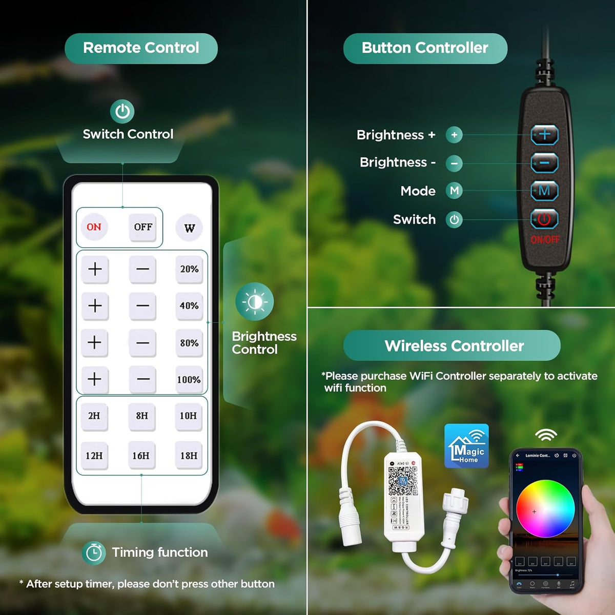 LED Aquarium Light, Planted Tank Light 4 Channels Remote Control 6500K Aquarium LED Lamp for Freshwater Fish Tank Refugium with Gooseneck (A20 Freshwater)