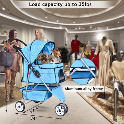 3-Wheel Pet Stroller, Lightweight Foldable Dog Stroller for Small Medium Dogs & Cats, Breathable Mesh & Weather Cover with Storage Basket, for Daily Walk Outdoor Travel (Blue)