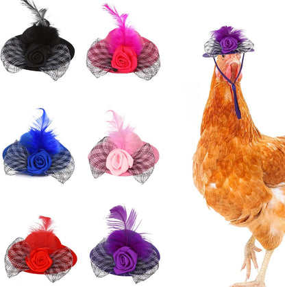 6 Pcs Chicken Hats for Hens Tiny Pets Animals Funny Chicken Accessories Mini Feather Top Hat with Adjustable Elastic Chin Strap and Rose for Hamster Parrot Bird Snake Animals Show Costum