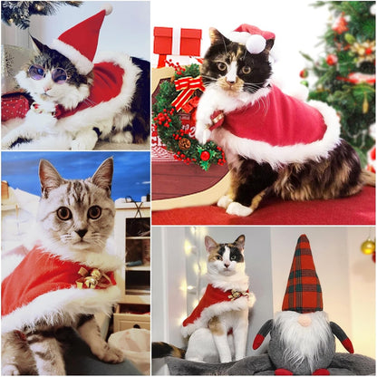 Cat Christmas Costume, Pet Santa Hat with Xmas Clothes for Cats Small Dogs Rabbits, Cat Santa Hat and Red Warm Cloak Coat, New Year Puppy Red Clothes Outfit, Adjustable