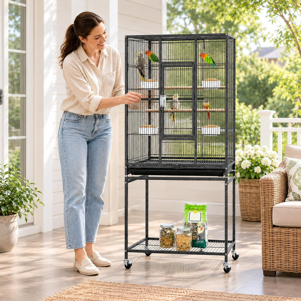 54-Inch Wrought Iron Standing Large Parrot Parakeet Flight Bird Cage for Small Parrot Sun Parakeet Green Cheek Conure Lovebird Budgie Finch Canary Bird Cage with Stand