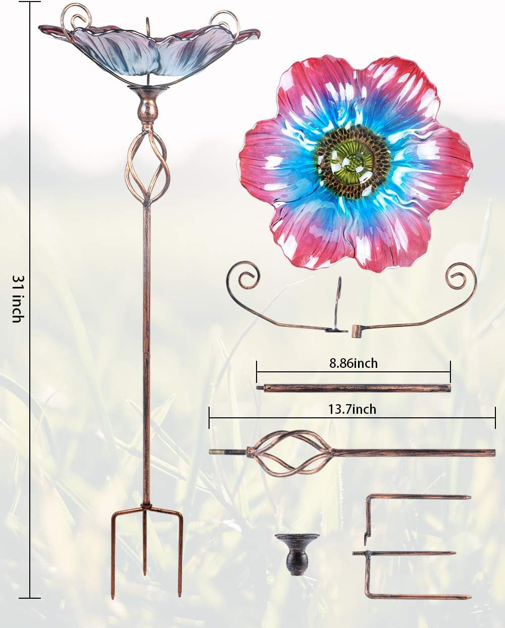 Glass Birdbath Birdfeeder with Metal Stake Garden Yard Outdoor