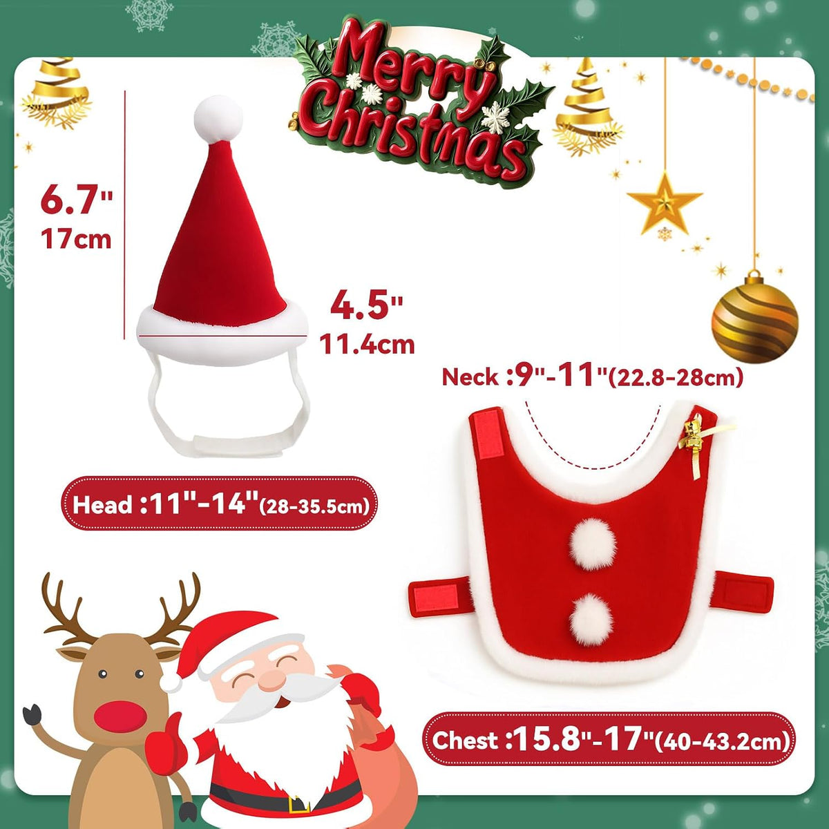 Cat Christmas Costume, Pet Santa Hat with Xmas Clothes for Cats Small Dogs Rabbits, Cat Santa Hat and Red Warm Cloak Coat, New Year Puppy Red Clothes Outfit, Adjustable