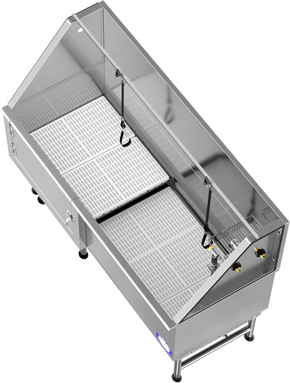 Flying Pig 62" Stainless Steel Pet Dog Grooming Bath Tub with Walk-In Ramp & Accessories (Left Door/Right Drain)
