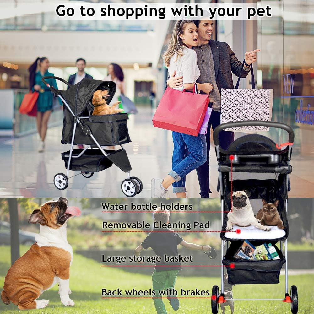3-Wheel Pet Stroller, Lightweight Foldable Dog Stroller for Small Medium Dogs & Cats, Breathable Mesh & Weather Cover with Storage Basket, for Daily Walk Outdoor Travel (Black)