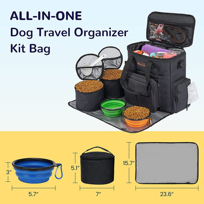 Dog Travel Bag with 2 Collapsible Dog Bowls, 1 Dog Backpack, Airline Approved Pet Travel Bagorganizer for Supplies & Accessories, 2 Travel Dog Food Container, Black